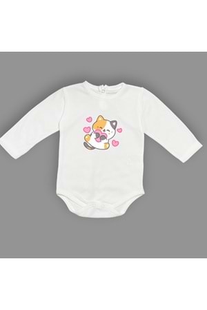 Kalpli Kedi Baskılı Bebek Çıtçıtlı Body Uzun Kısa Kolsuz