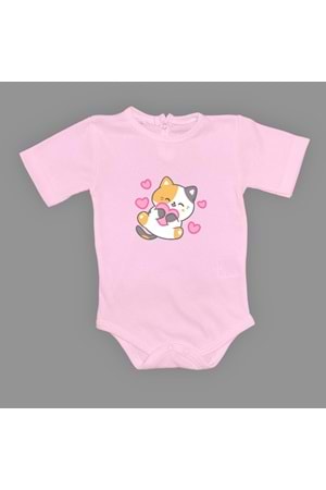 Kalpli Kedi Baskılı Bebek Çıtçıtlı Body Uzun Kısa Kolsuz
