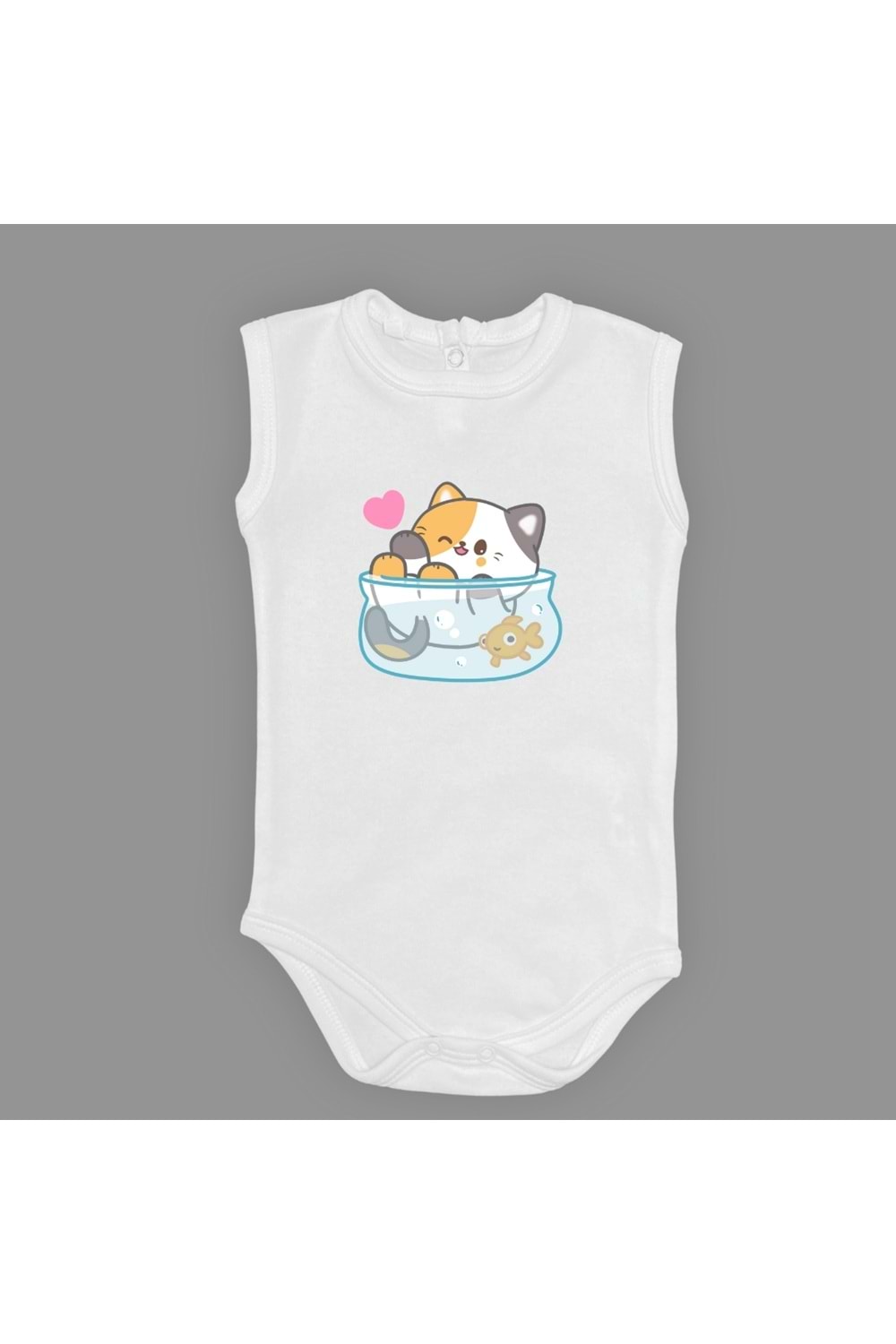 Akvaryum Kedi Baskılı Bebek Çıtçıtlı Body Uzun Kısa Kolsuz