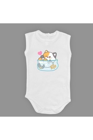 Akvaryum Kedi Baskılı Bebek Çıtçıtlı Body Uzun Kısa Kolsuz