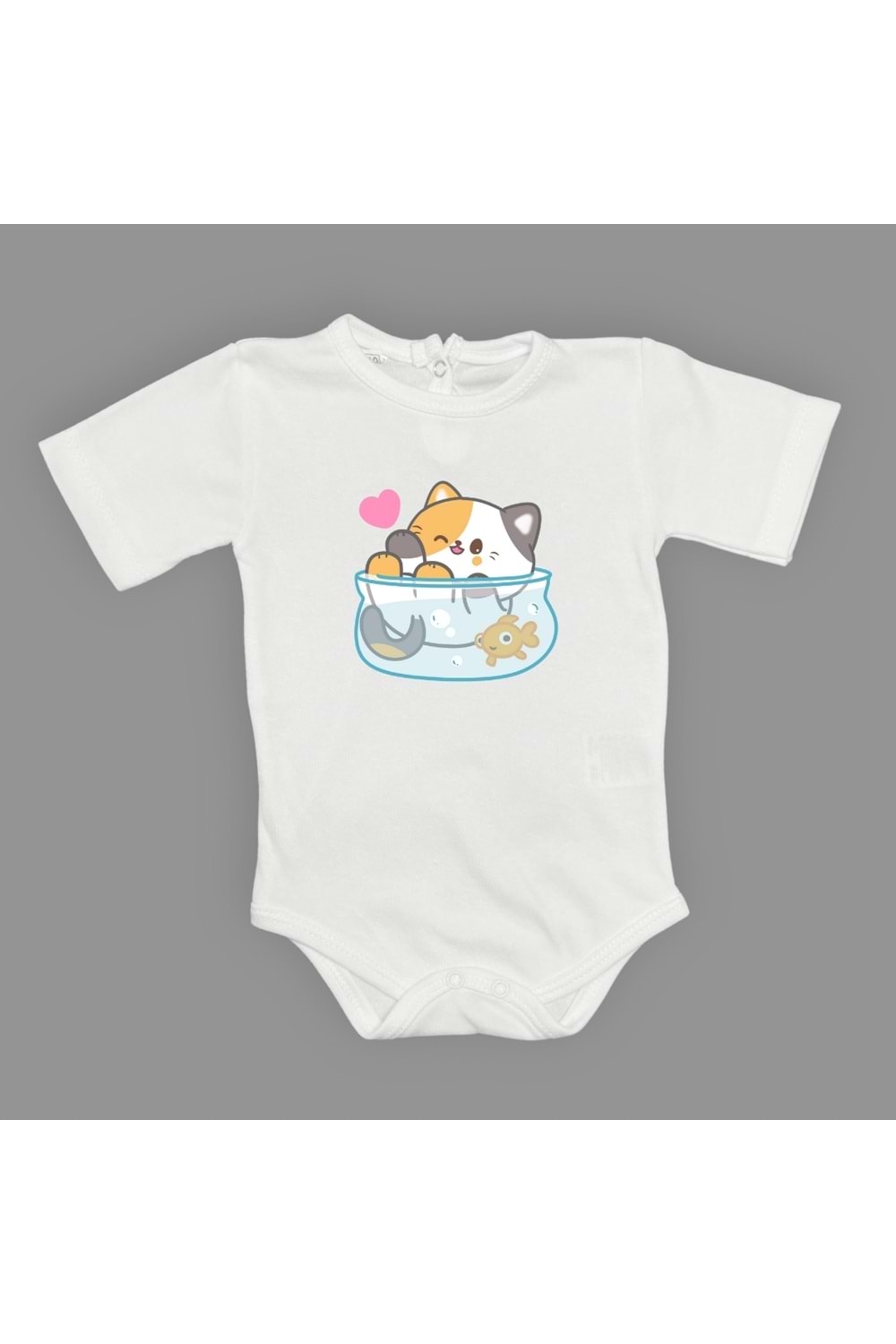 Akvaryum Kedi Baskılı Bebek Çıtçıtlı Body Uzun Kısa Kolsuz
