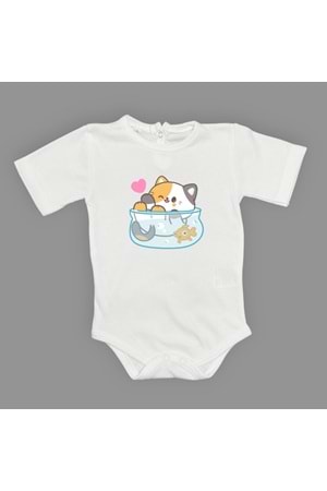 Akvaryum Kedi Baskılı Bebek Çıtçıtlı Body Uzun Kısa Kolsuz