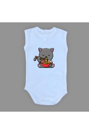Yemek Yiyen Kedi Baskılı Bebek Çıtçıtlı Body Uzun Kısa Kolsuz