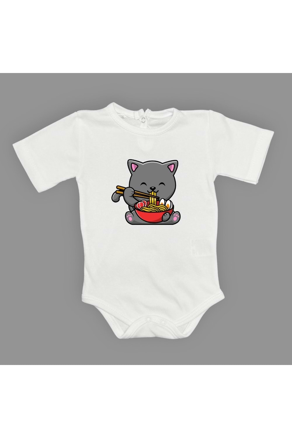 Yemek Yiyen Kedi Baskılı Bebek Çıtçıtlı Body Uzun Kısa Kolsuz