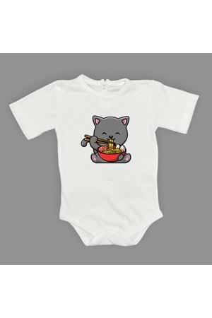 Yemek Yiyen Kedi Baskılı Bebek Çıtçıtlı Body Uzun Kısa Kolsuz