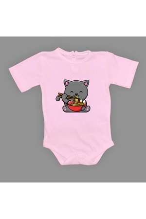 Yemek Yiyen Kedi Baskılı Bebek Çıtçıtlı Body Uzun Kısa Kolsuz
