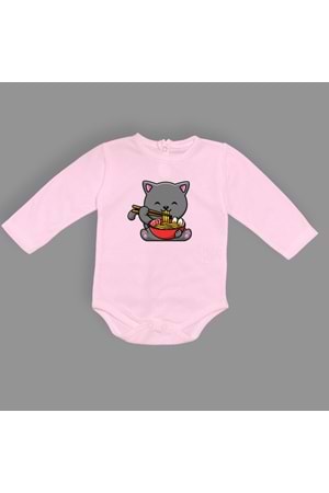 Yemek Yiyen Kedi Baskılı Bebek Çıtçıtlı Body Uzun Kısa Kolsuz
