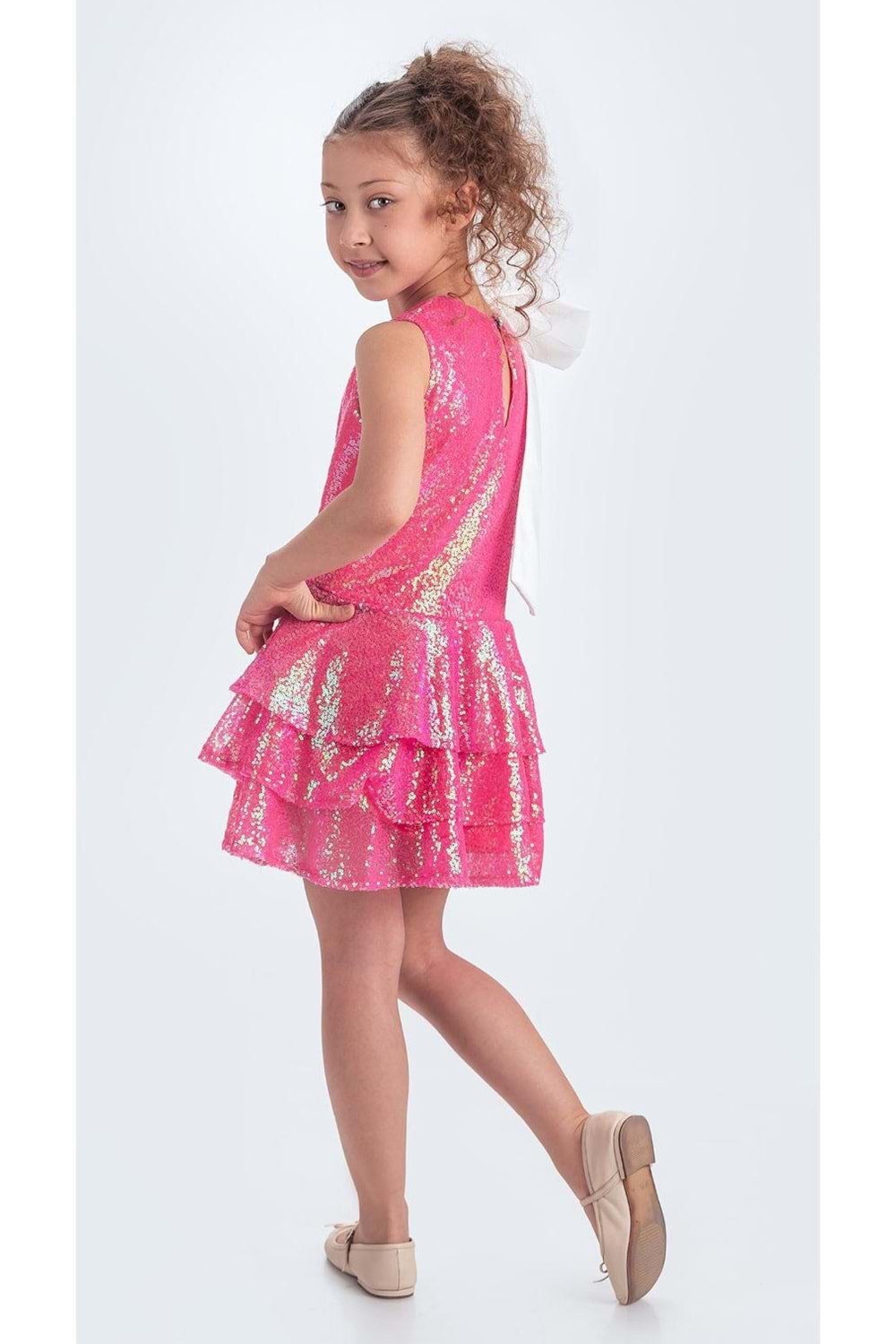 Yaka Fiyonk Pul Payet Kumaşlı Kız Çocuk Abiye Elbise M00702