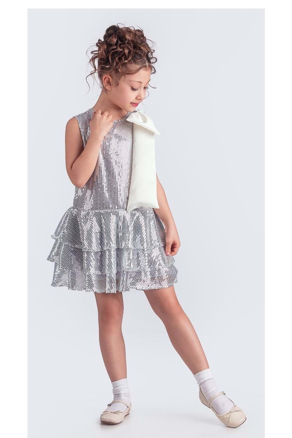 Yaka Fiyonk Pul Payet Kumaşlı Kız Çocuk Abiye Elbise M00702