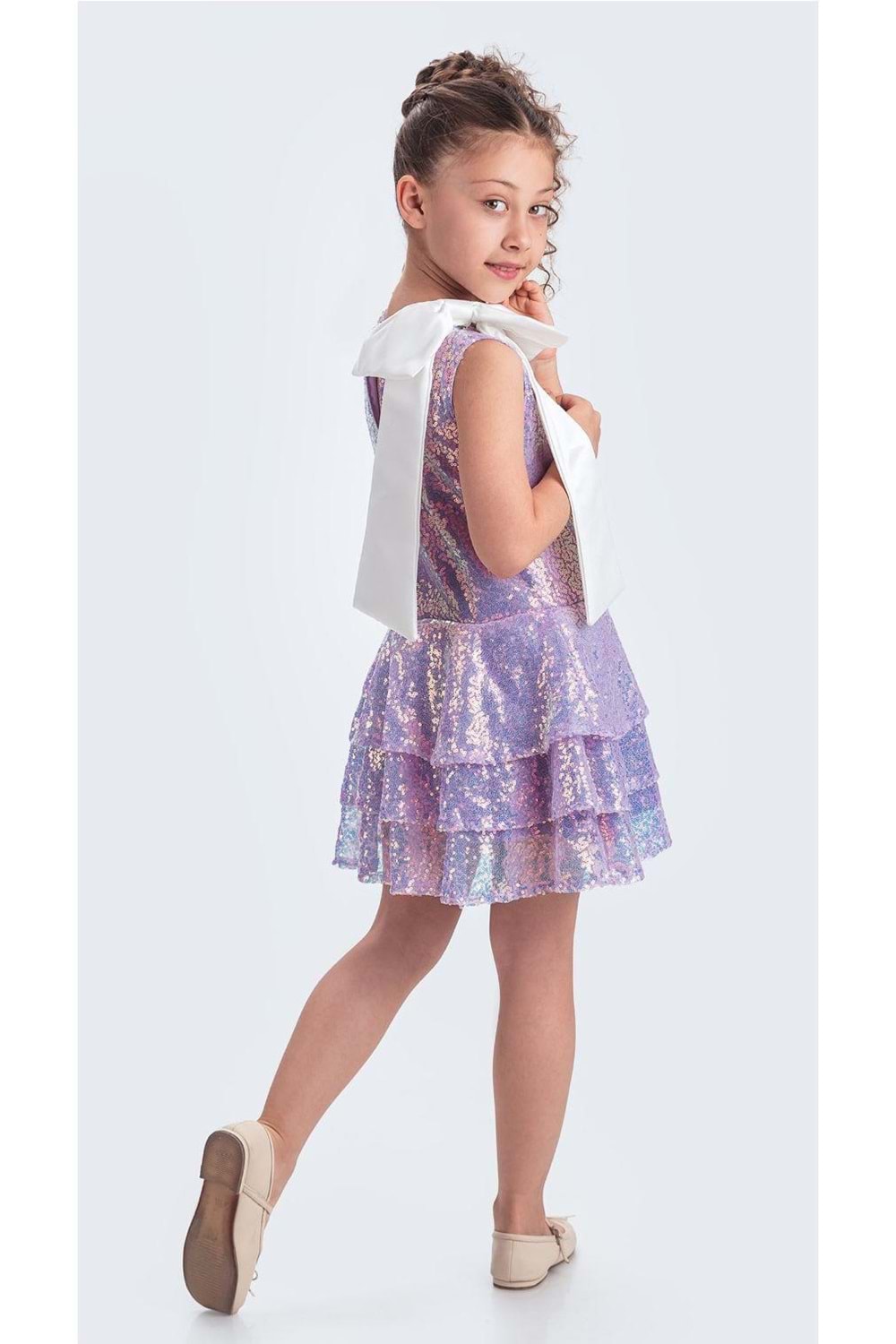 Yaka Fiyonk Pul Payet Kumaşlı Kız Çocuk Abiye Elbise M00702