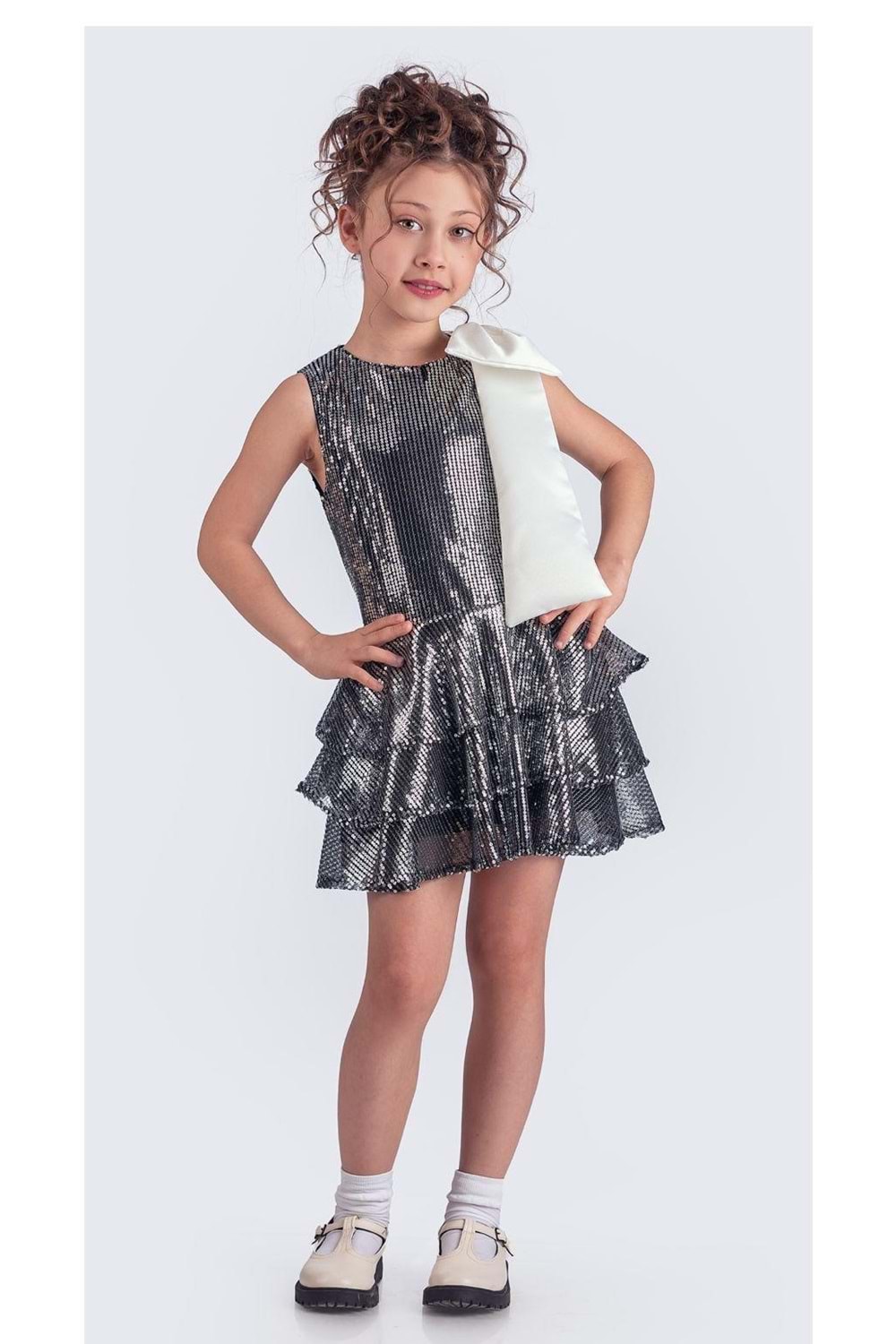 Yaka Fiyonk Pul Payet Kumaşlı Kız Çocuk Abiye Elbise M00702