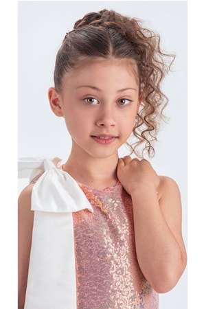 Yaka Fiyonk Pul Payet Kumaşlı Kız Çocuk Abiye Elbise M00702