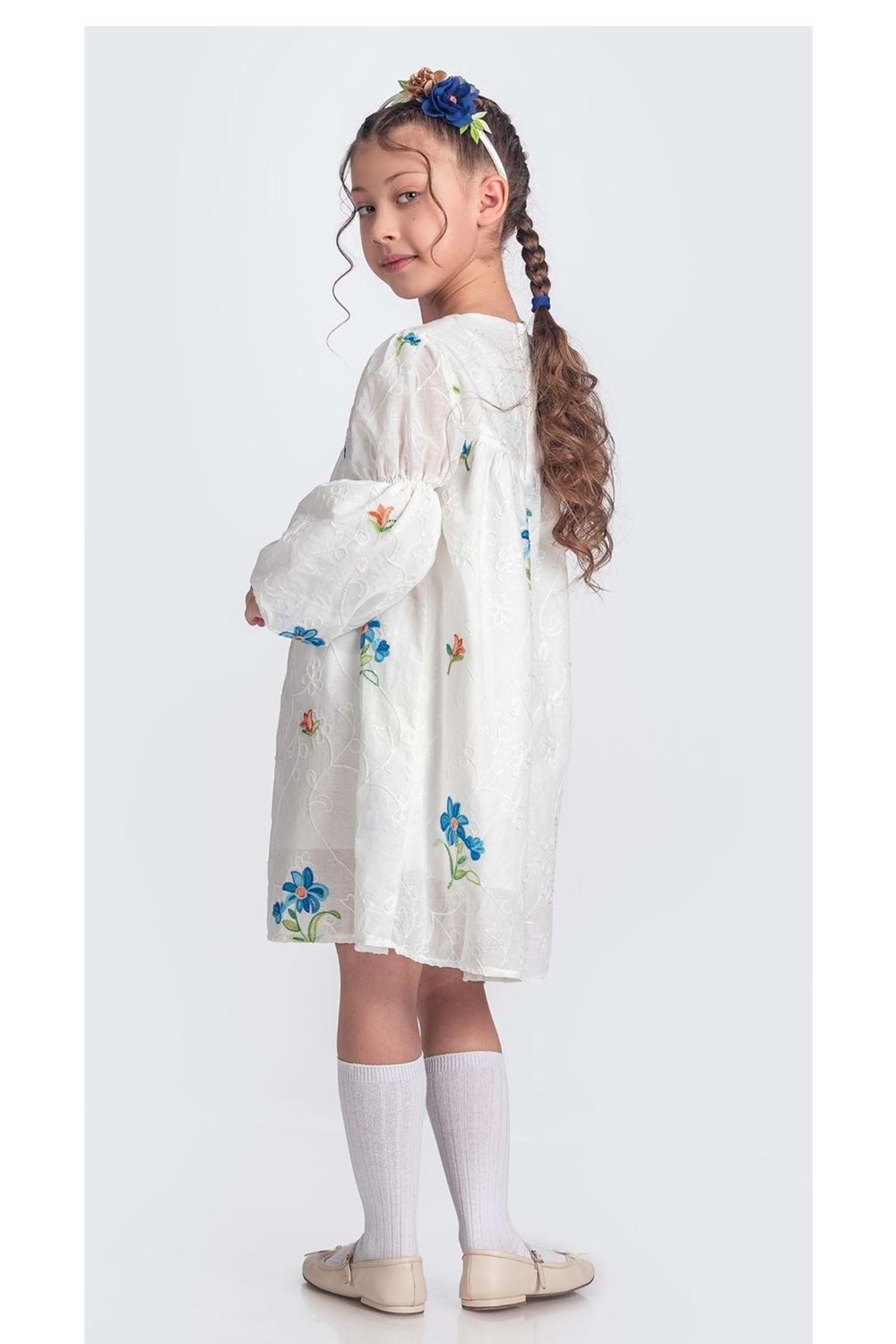 Otantik Akdeniz Çiçek NakışKız Çocuk Müslin Elbise M00706