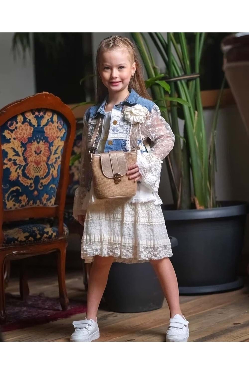 Kız Çocuk Dantelli Kot Ceket ve Elbise Takımı M00717