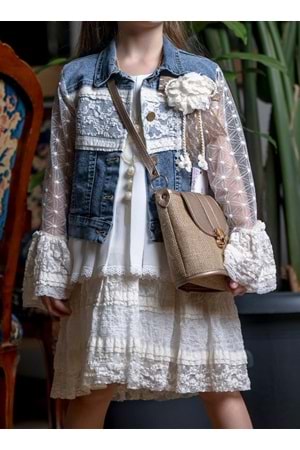 Kız Çocuk Dantelli Kot Ceket ve Elbise Takımı M00717