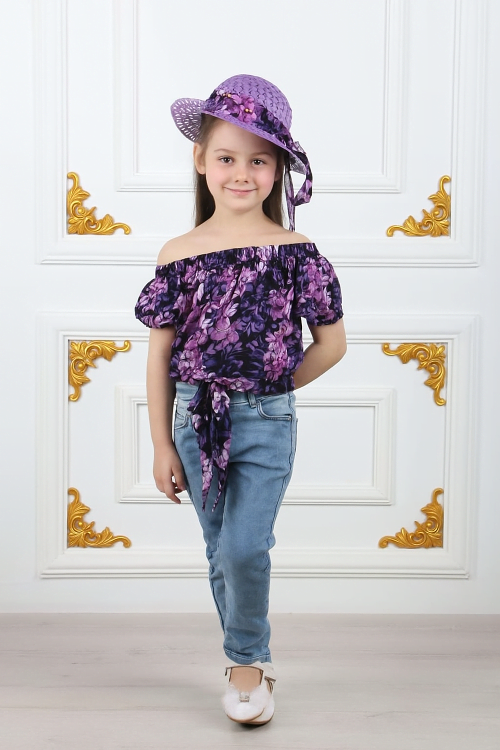 Kız Çocuk Şapkalı , Jeans Pantolon , Bluz Yazlık İkili Takım M00731