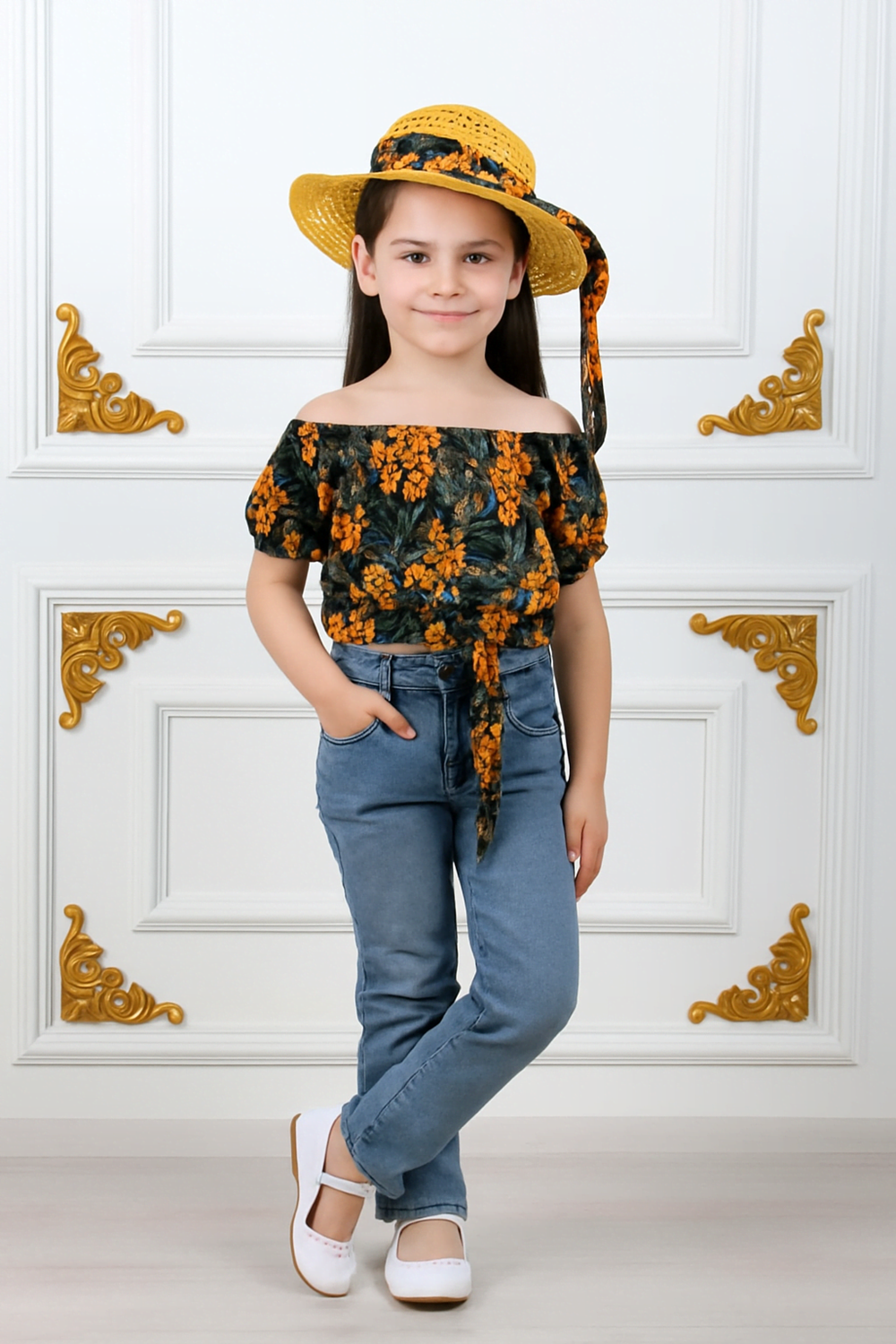 Kız Çocuk Şapkalı , Jeans Pantolon , Bluz Yazlık İkili Takım M00731