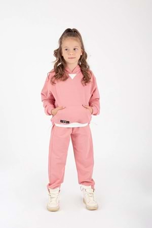 Kız Çocuk Kanguru Cepli Beli Lastik Detaylı Günlük Eşofman Takımı M00754