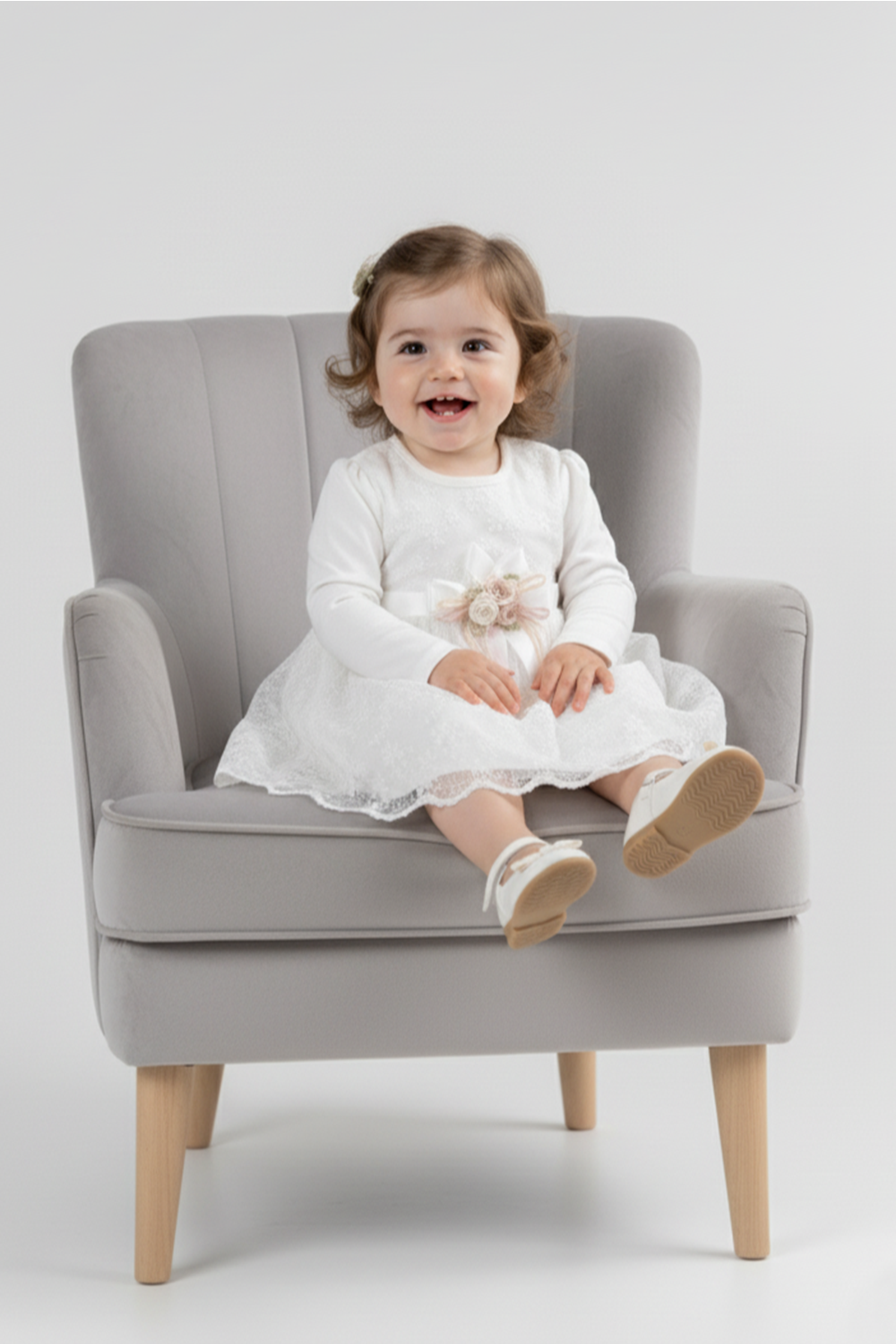 Kız Bebek Kurdelalı Çiçekli Dantel Elbise M00768