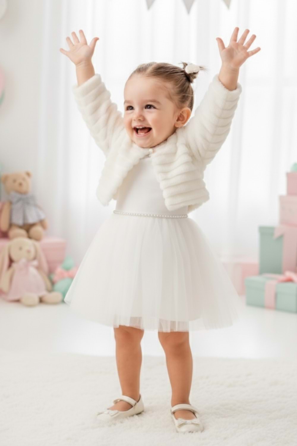 Pelüş Bolerolu Kız Bebek Elbise M00771