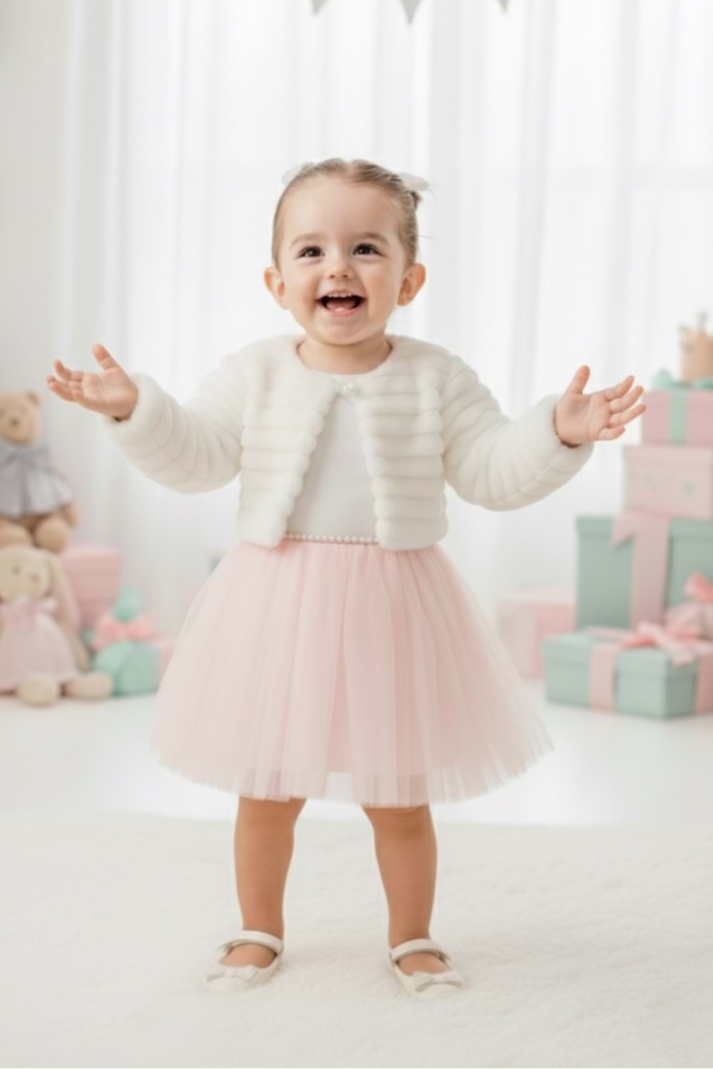 Pelüş Bolerolu Kız Bebek Elbise M00771