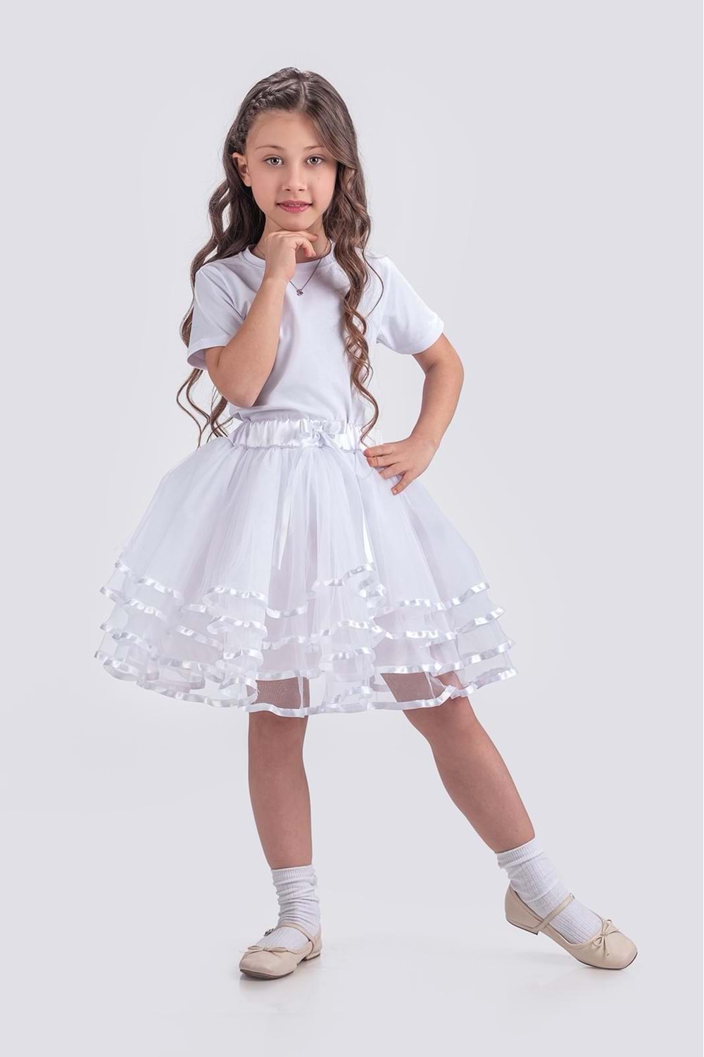 Kız Çocuk Kat Kat Parlak Şeritli Fiyonklu Tütü Etek M00781