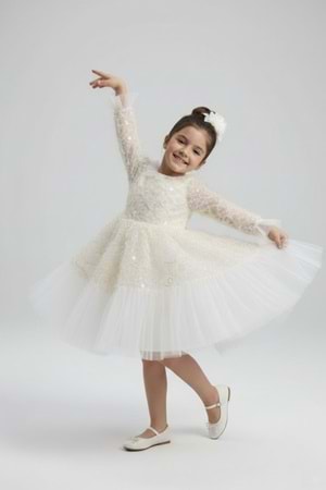 Kız Çocuk İspanyol Kol Tül Detaylı Kabarık Etekli Özel Gün Düğün Elbisesi M00793