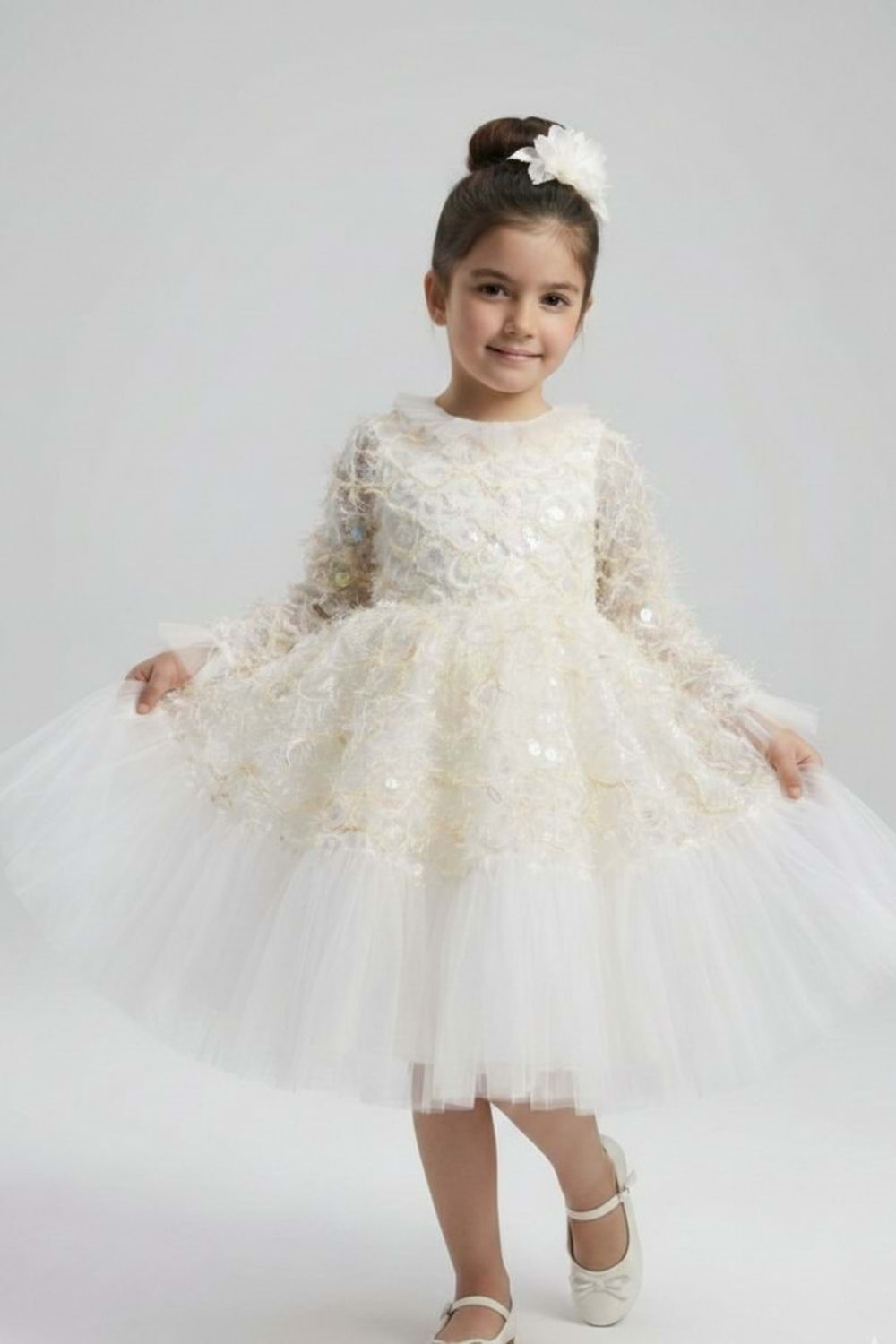 Kız Çocuk İspanyol Kol Tül Detaylı Kabarık Etekli Özel Gün Düğün Elbisesi M00793