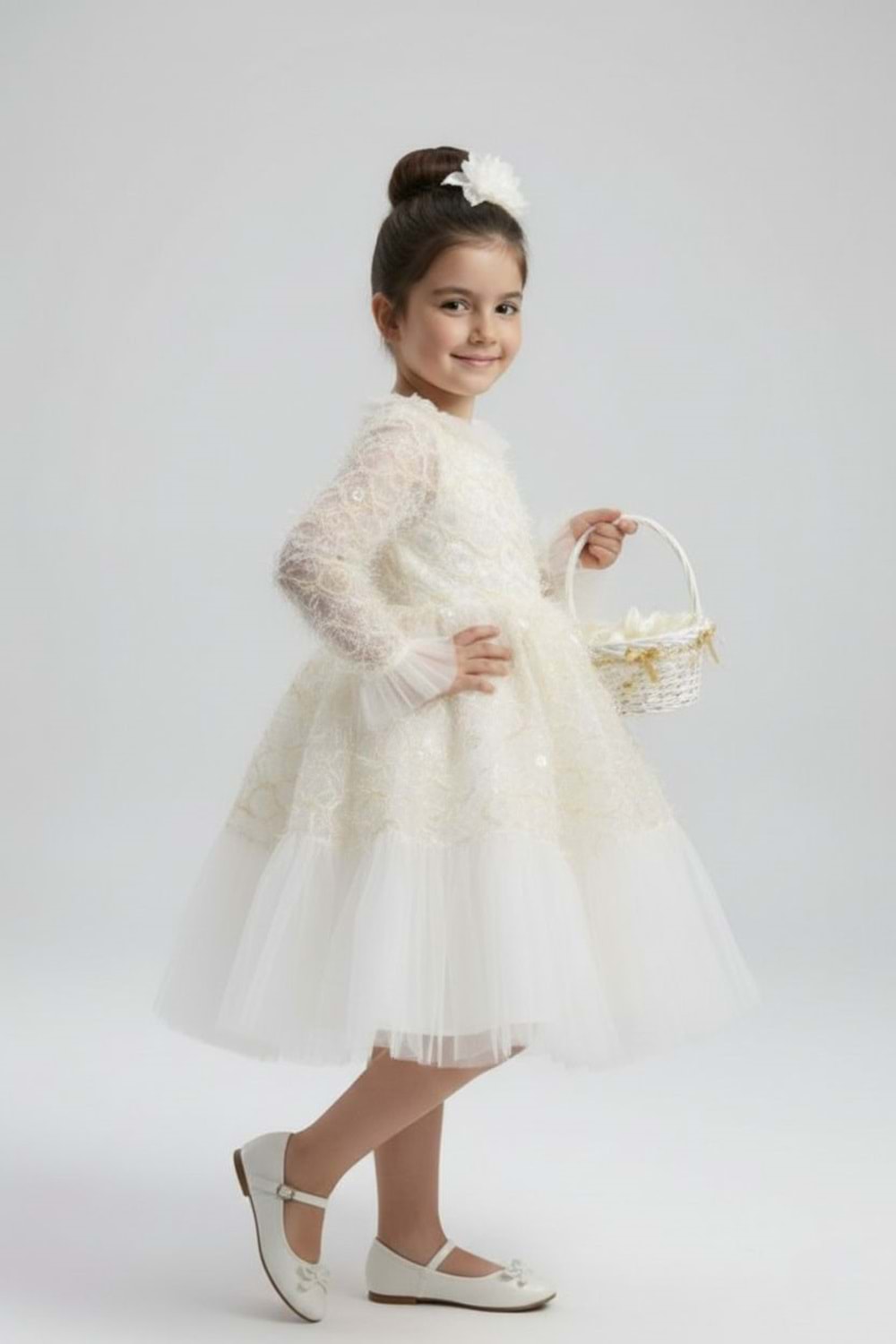 Kız Çocuk İspanyol Kol Tül Detaylı Kabarık Etekli Özel Gün Düğün Elbisesi M00793