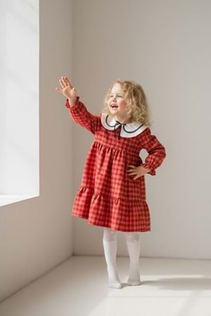 Kaşe Ceketli Kız Çocuk Ekose Kumaş Nakış Yaka Elbise M00796