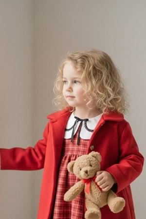 Kaşe Ceketli Kız Çocuk Ekose Kumaş Nakış Yaka Elbise M00796