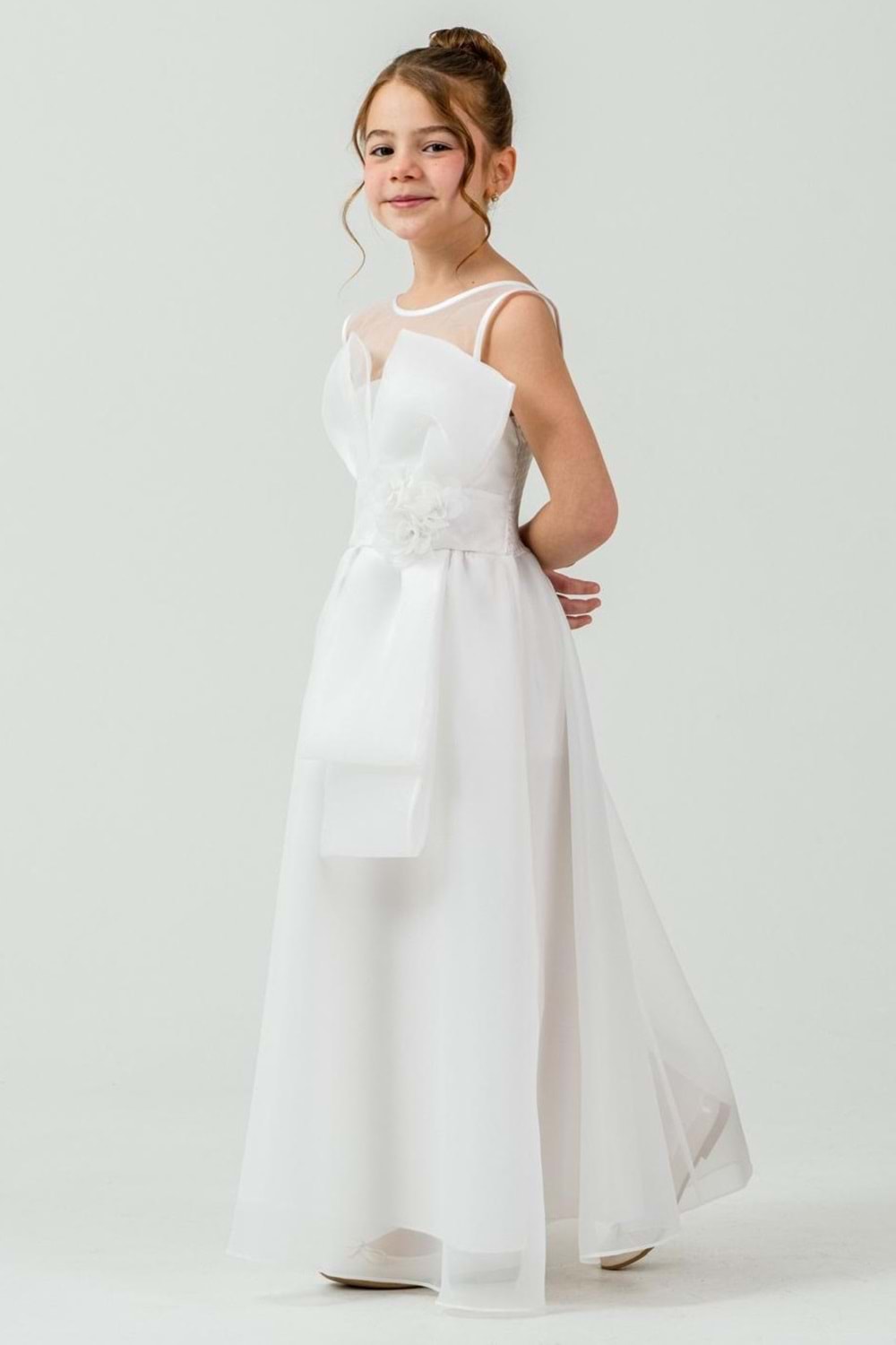 Kız Çocuk Organze Tül Çiçek ve Fiyonk Detaylı Gipe Sırtlı Prenses Abiye Elbise M00800