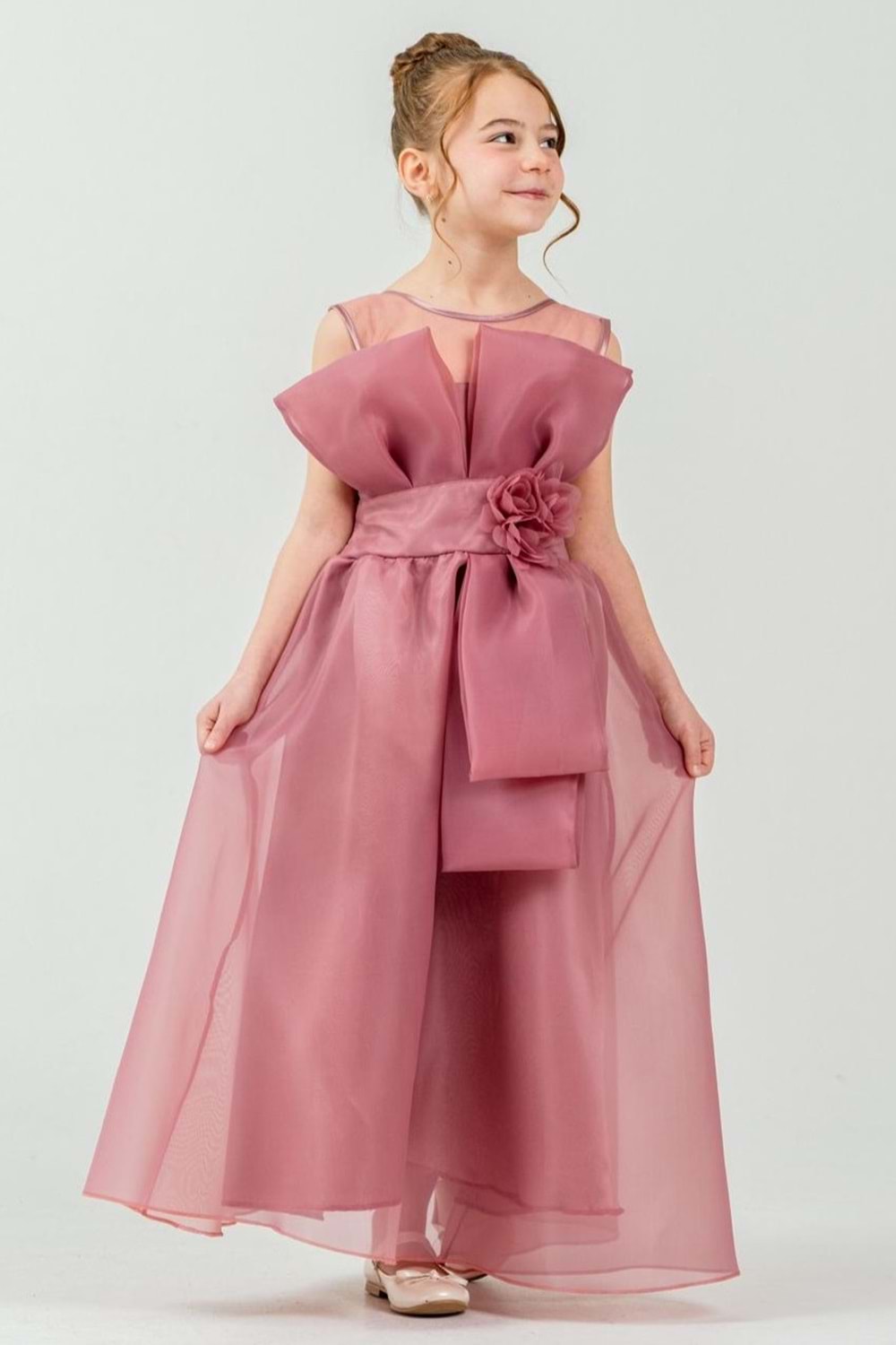 Kız Çocuk Organze Tül Çiçek ve Fiyonk Detaylı Gipe Sırtlı Prenses Abiye Elbise M00800