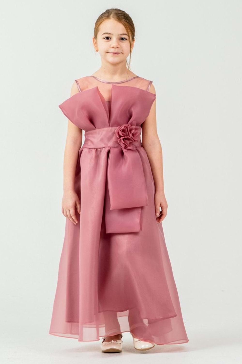 Kız Çocuk Organze Tül Çiçek ve Fiyonk Detaylı Gipe Sırtlı Prenses Abiye Elbise M00800