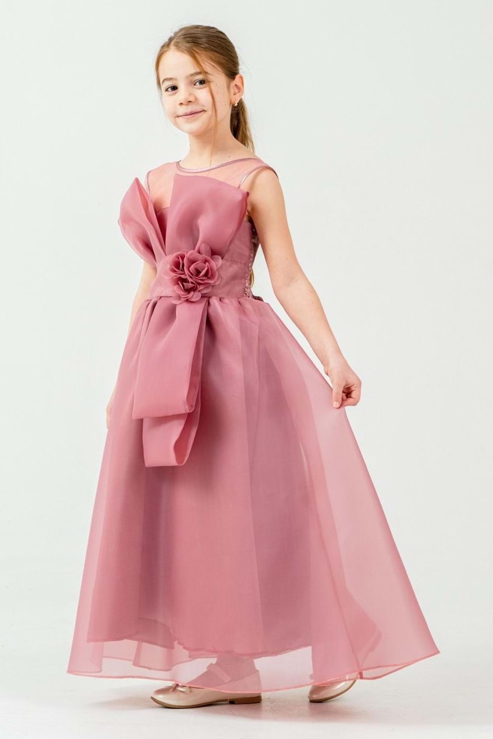 Kız Çocuk Organze Tül Çiçek ve Fiyonk Detaylı Gipe Sırtlı Prenses Abiye Elbise M00800