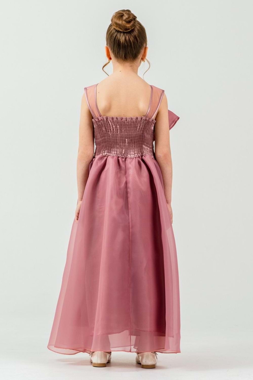 Kız Çocuk Organze Tül Çiçek ve Fiyonk Detaylı Gipe Sırtlı Prenses Abiye Elbise M00800