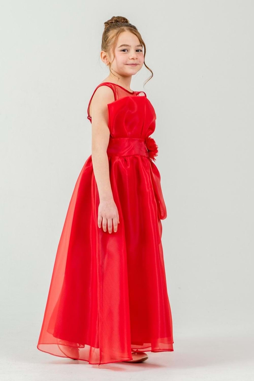 Kız Çocuk Organze Tül Çiçek ve Fiyonk Detaylı Gipe Sırtlı Prenses Abiye Elbise M00800