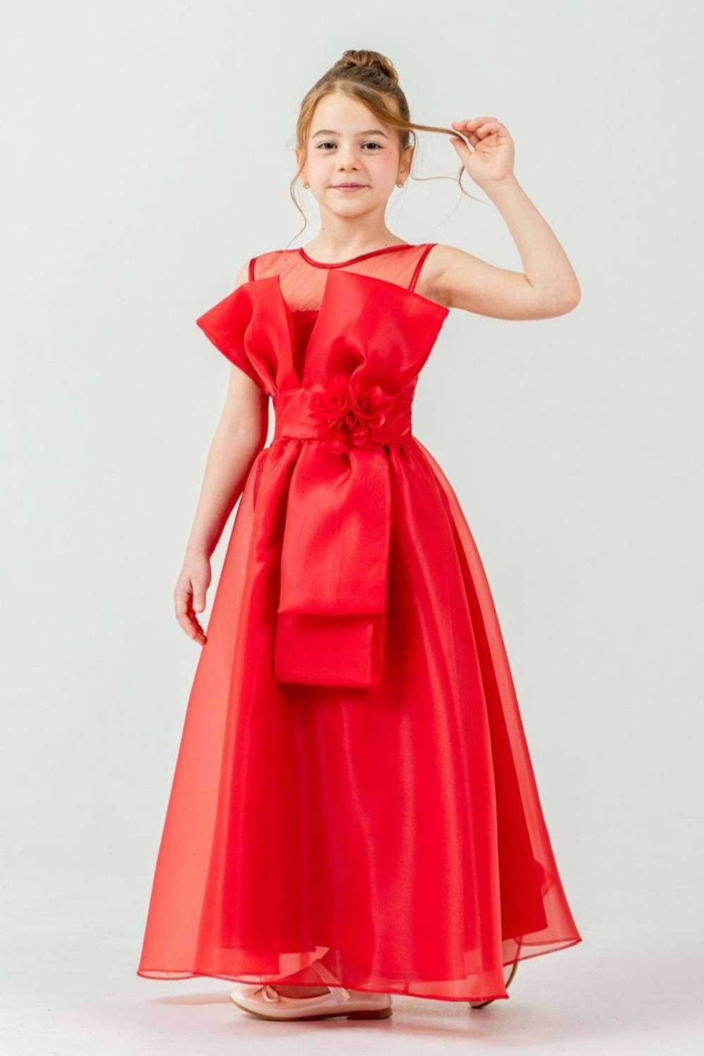 Kız Çocuk Organze Tül Çiçek ve Fiyonk Detaylı Gipe Sırtlı Prenses Abiye Elbise M00800