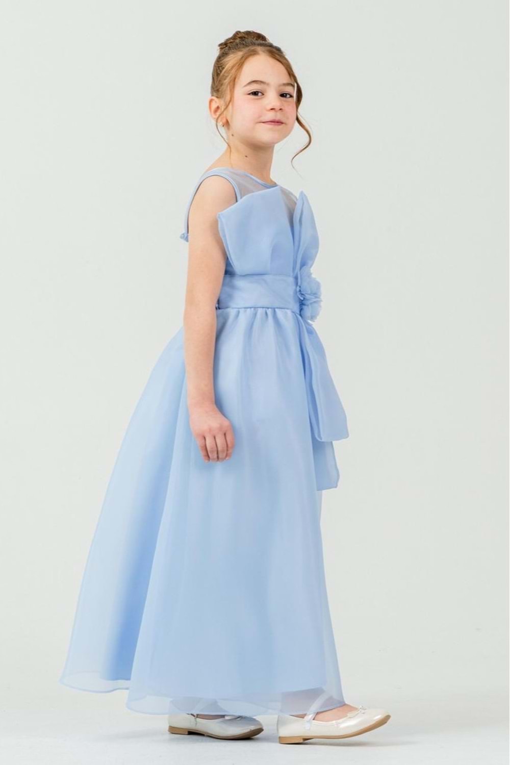 Kız Çocuk Organze Tül Çiçek ve Fiyonk Detaylı Gipe Sırtlı Prenses Abiye Elbise M00800