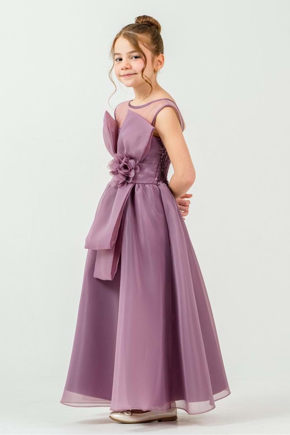 Kız Çocuk Organze Tül Çiçek ve Fiyonk Detaylı Gipe Sırtlı Prenses Abiye Elbise M00800