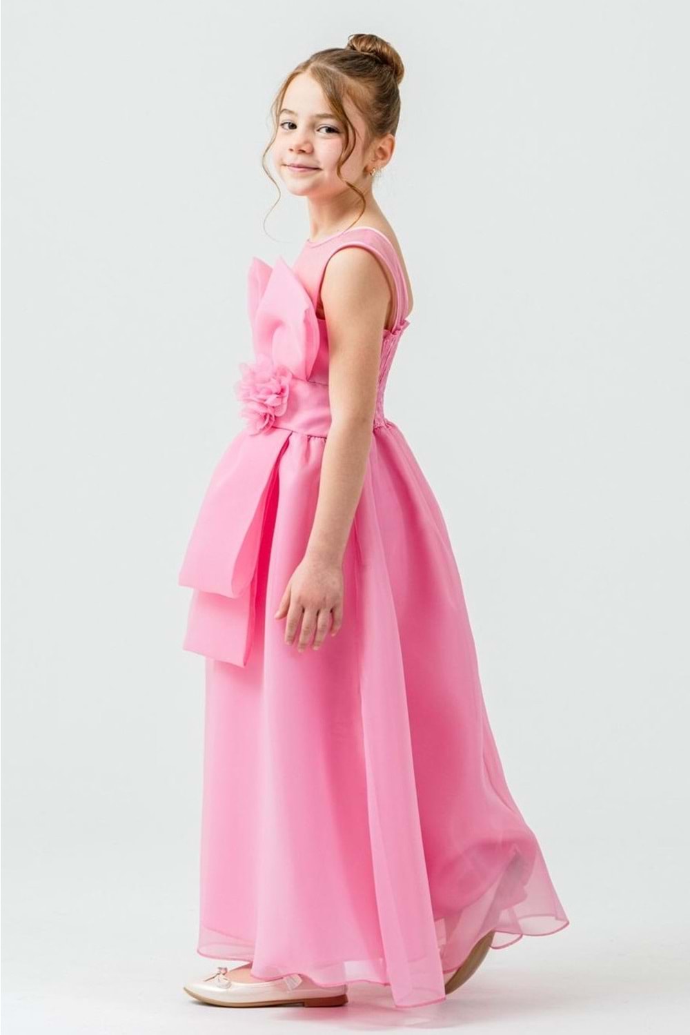 Kız Çocuk Organze Tül Çiçek ve Fiyonk Detaylı Gipe Sırtlı Prenses Abiye Elbise M00800