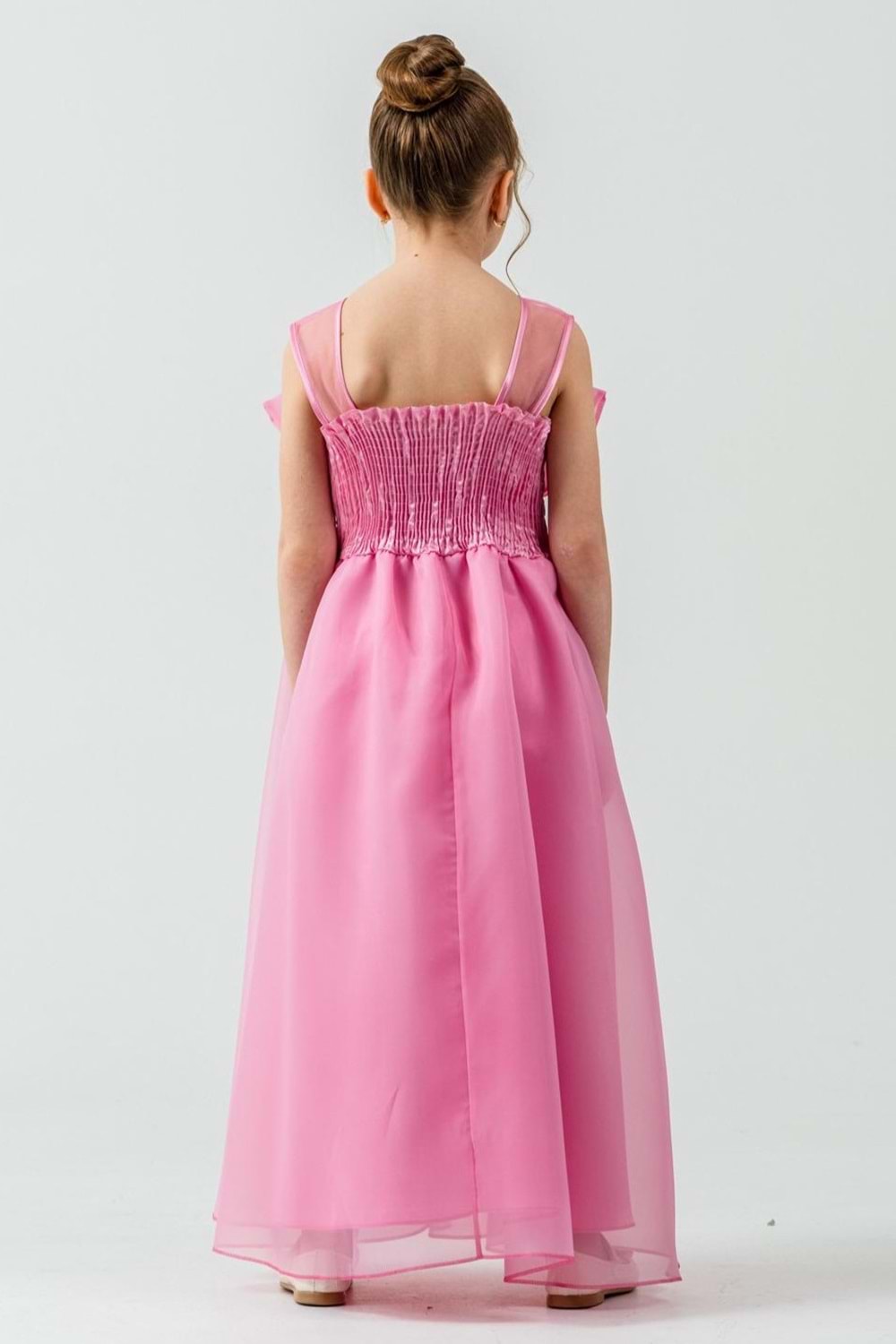 Kız Çocuk Organze Tül Çiçek ve Fiyonk Detaylı Gipe Sırtlı Prenses Abiye Elbise M00800