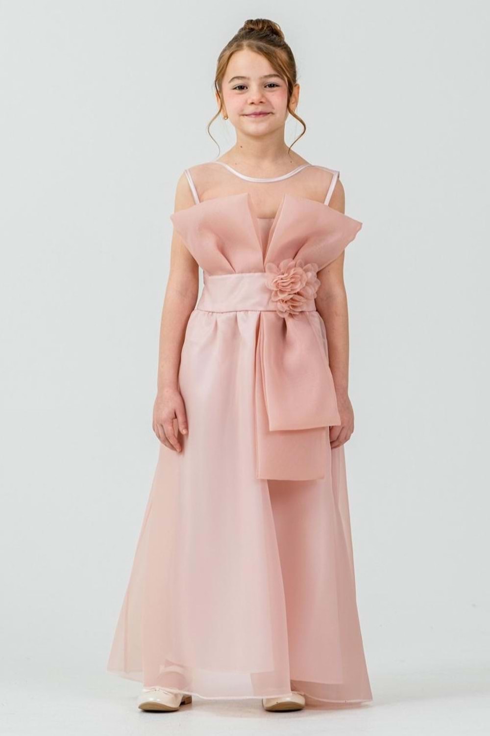 Kız Çocuk Organze Tül Çiçek ve Fiyonk Detaylı Gipe Sırtlı Prenses Abiye Elbise M00800