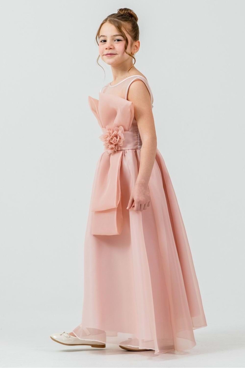 Kız Çocuk Organze Tül Çiçek ve Fiyonk Detaylı Gipe Sırtlı Prenses Abiye Elbise M00800