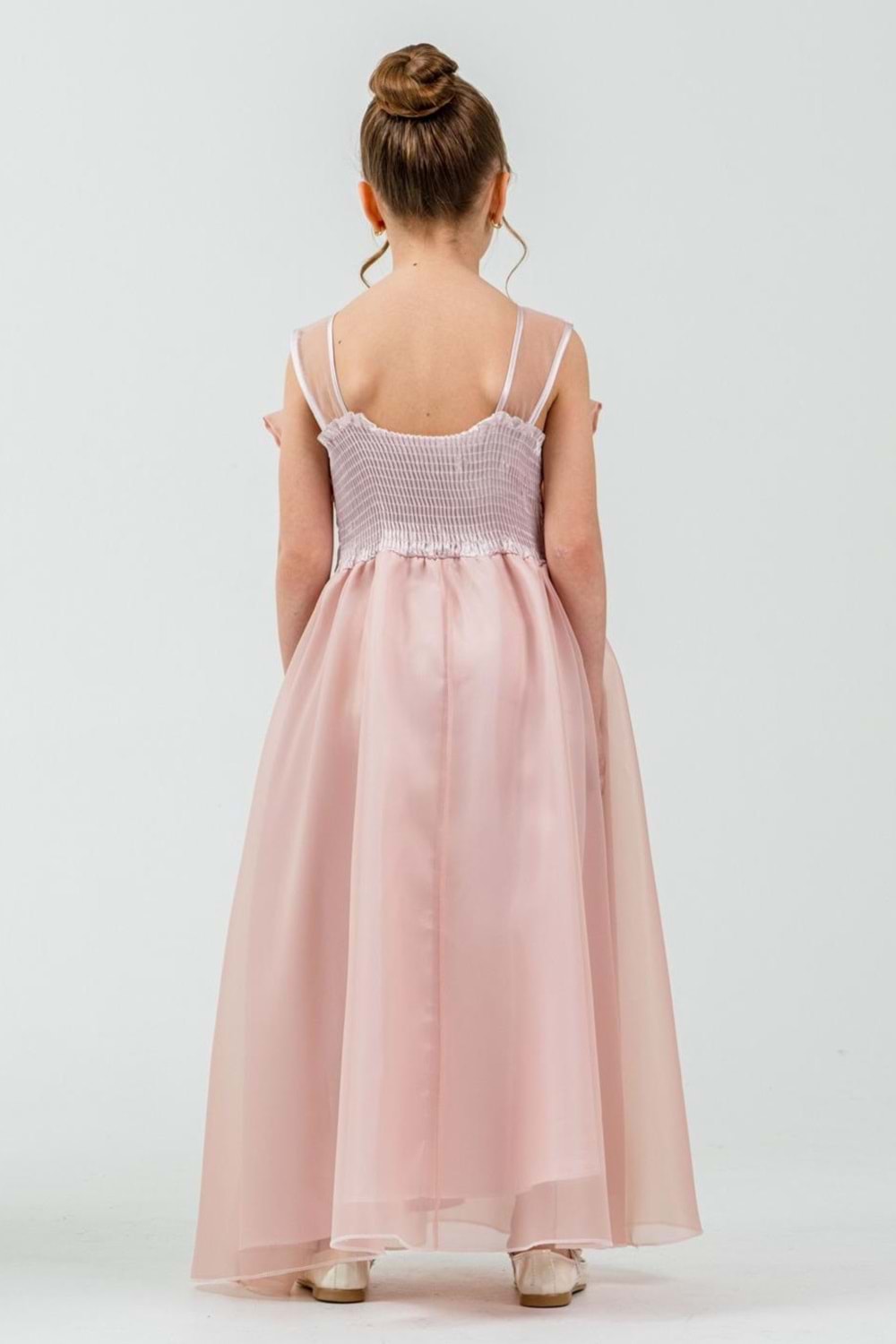 Kız Çocuk Organze Tül Çiçek ve Fiyonk Detaylı Gipe Sırtlı Prenses Abiye Elbise M00800