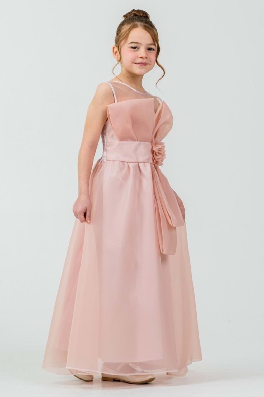 Kız Çocuk Organze Tül Çiçek ve Fiyonk Detaylı Gipe Sırtlı Prenses Abiye Elbise M00800