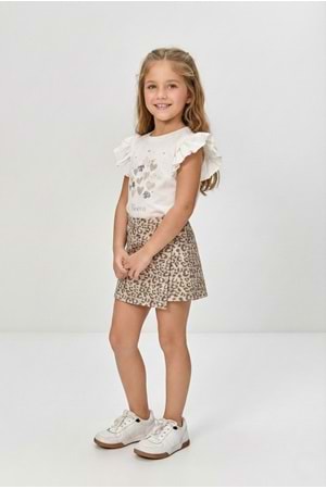 Kız Çocuk Leopar Şort Etek & Fırfırlı Tişört 2li Tarz Kombin M00801