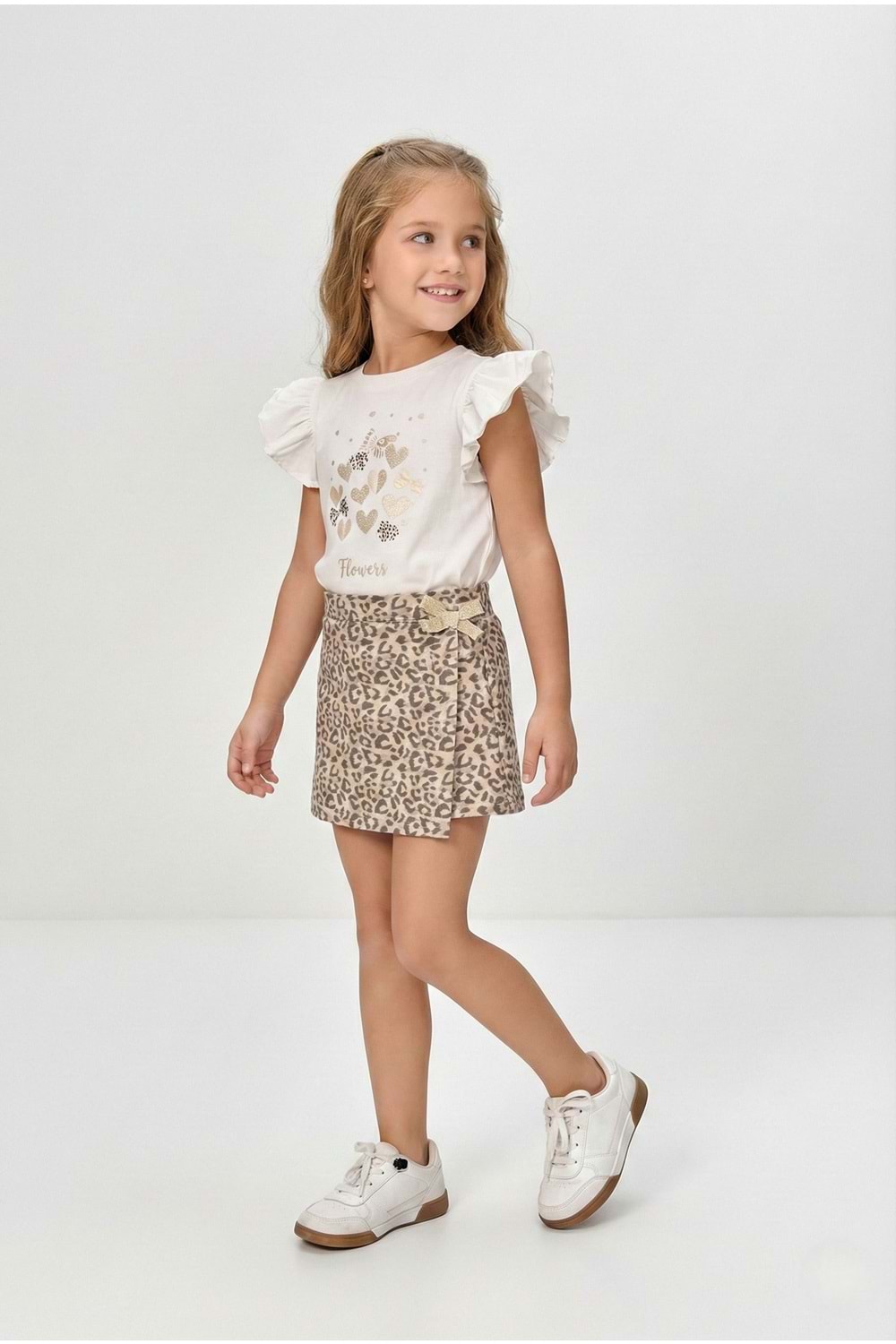 Kız Çocuk Leopar Şort Etek & Fırfırlı Tişört 2li Tarz Kombin M00801