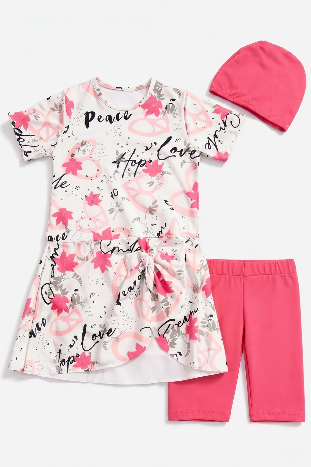 Kız Çocuk Desenli Mayo Takımı - Bone ve Şort Dahil Üçlü Deniz ve Havuz Mayosu M00814