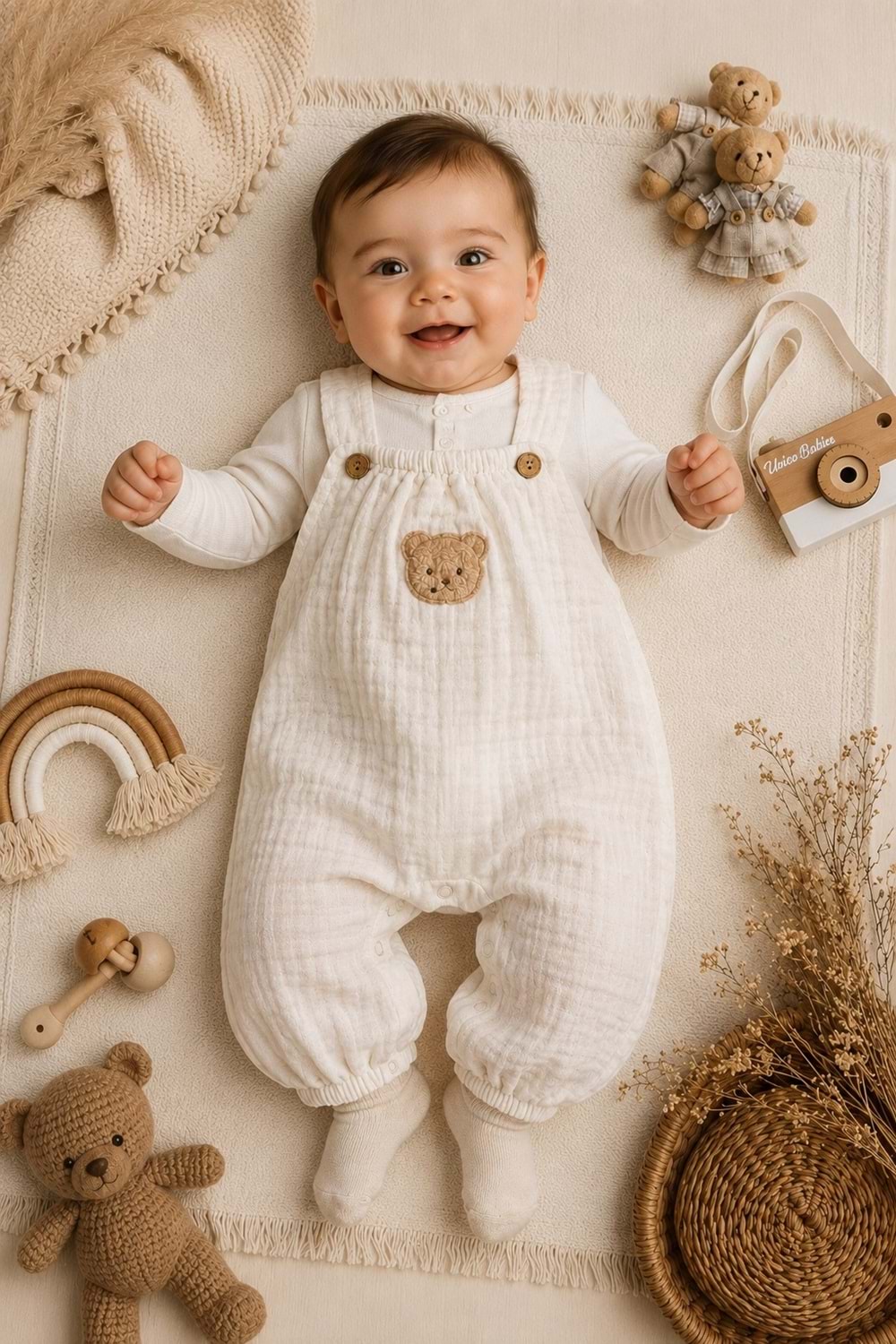 Ayıcık Detaylı %100 Pamuk Müslin Erkek Bebek Tulum M00847
